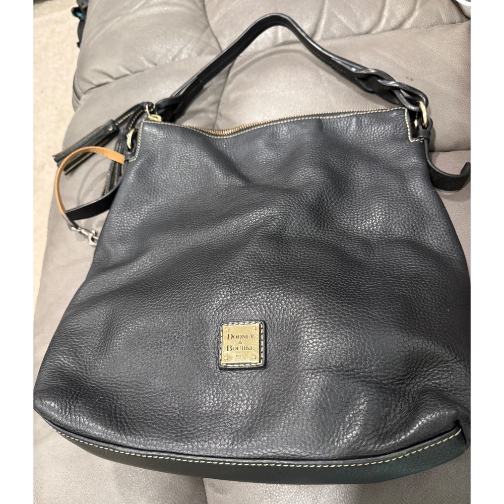 Dooney & Bourke Black Pebbled Leather Hobo Shoulder Bag Gold Logo Red Lining‎